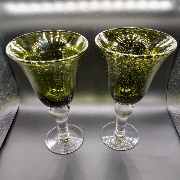 Green to Clear Bubble Glass Stem Water Wine Goblet 8" Heavy Blown Glass Set of 2